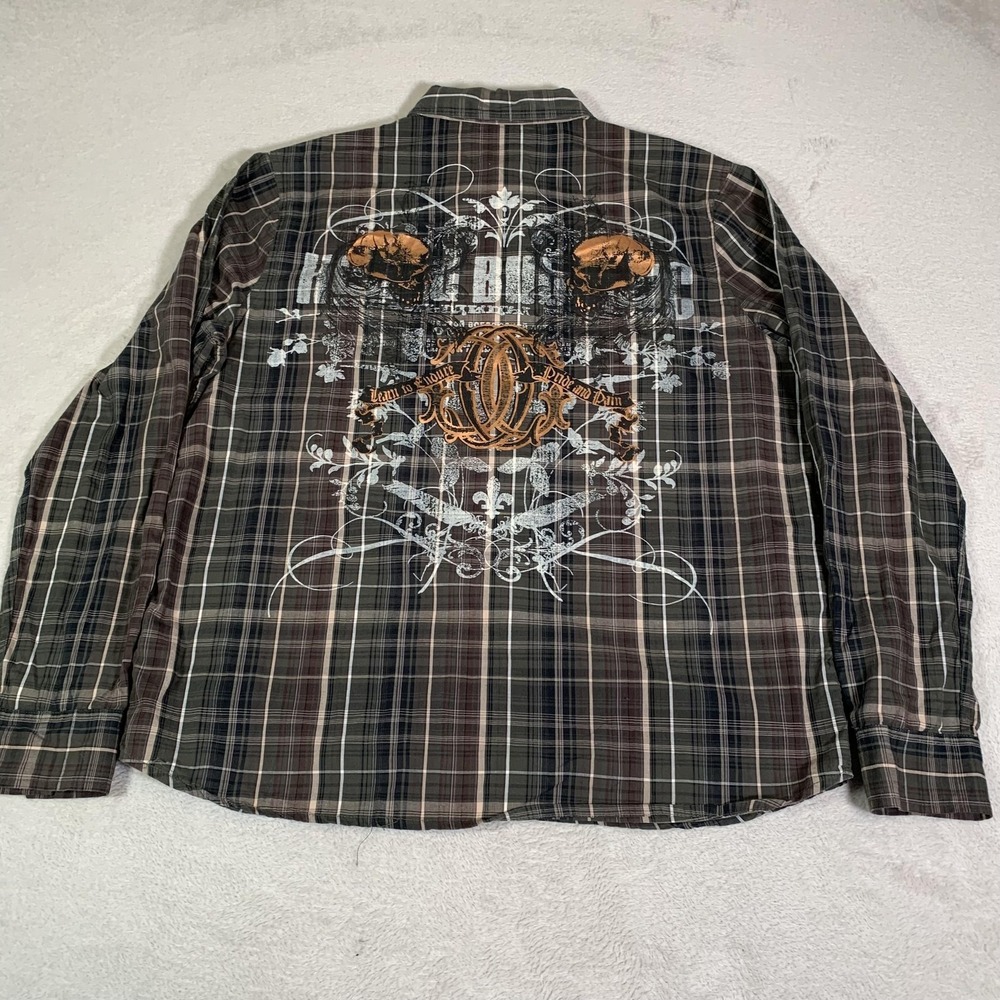 MMA Elite Shirt Mens XL Brown Plaid Long Sleeve Button Up Skull MMA FLAW*